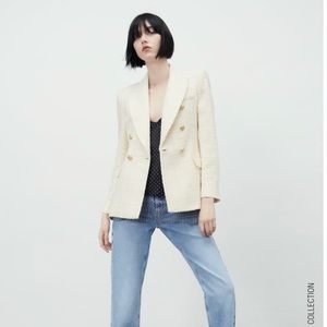 Zara Textured Double Breasted Blazer Womens White Size XL New With Tags NWT